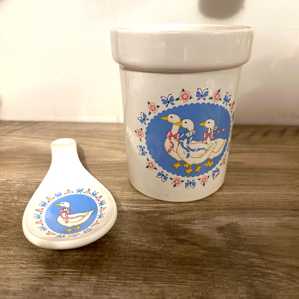 Set of 2 Vintage Geese Utensil Jar Stoneware Canister and spoon rest